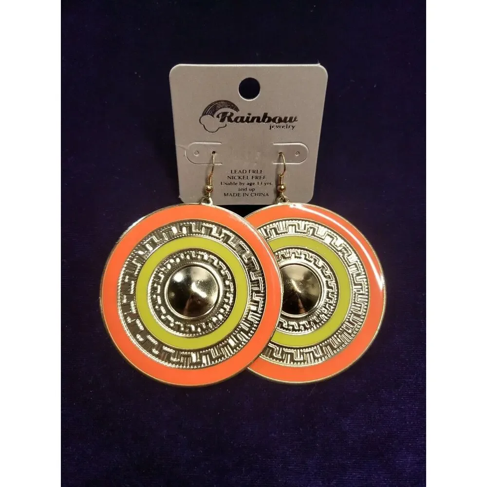 Rainbow Brand BOHO Style Earrings, Very Large, Gold Tone, Orange & Yellow, NWT